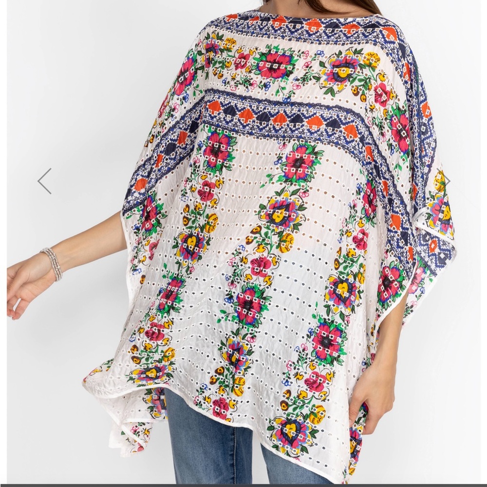 🌺 Johnny Was White Silk Floral Short Kimono Sleeve Eyelet Poncho Tunic Top